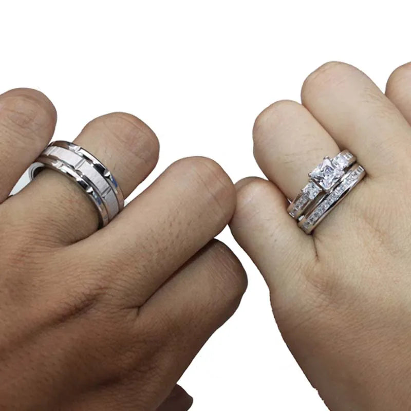 Rings Women Exquisite Rhinestones Zirconia Rings Set Simple Stainless Steel Men Ring Fashion Jewelry For Lover Gifts