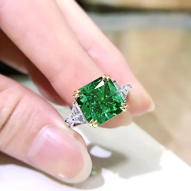 Square Emerald Diamond Ring 100%-S925 Silver Jewelry Wedding Cocktail Party Woman Gift
