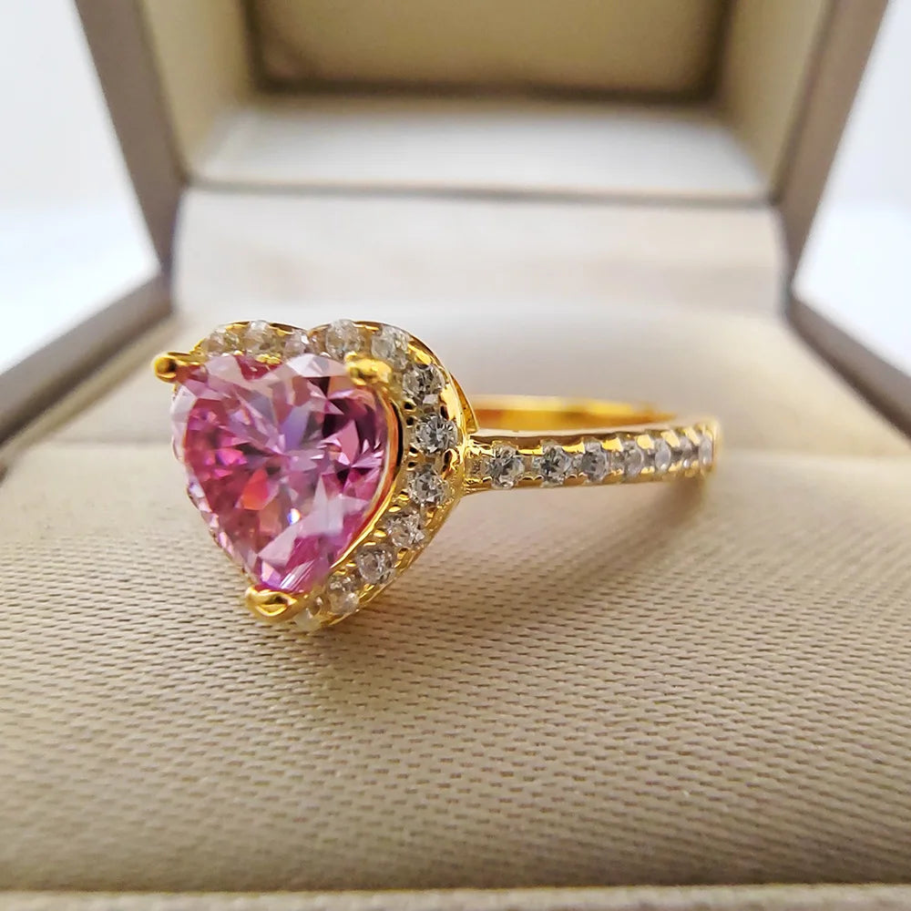 Heart Shaped Gold Ring Pink Moissanite 2CT 8MM with Certificate 100%-S925 Women's Women's Jewelry Wedding Party Gift