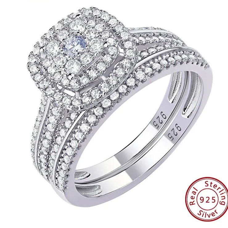 2Pcs Wedding Rings for Women Solid 925 Sterling Silver Engagement Ring Bridal Set 1.6Ct Halo Round Cut AAAAA Zircon