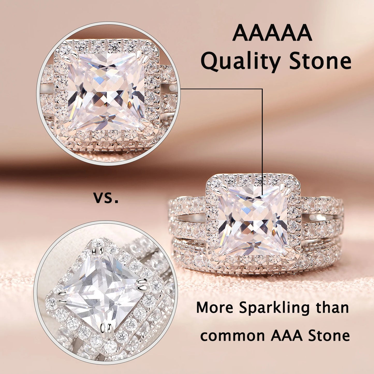 Vintage Wedding Rings for Women Solid 925 Sterling Silver 4Ct Princess Cut 5A Cubic Zircon 2Pcs Bridal Set Fine Jewelry