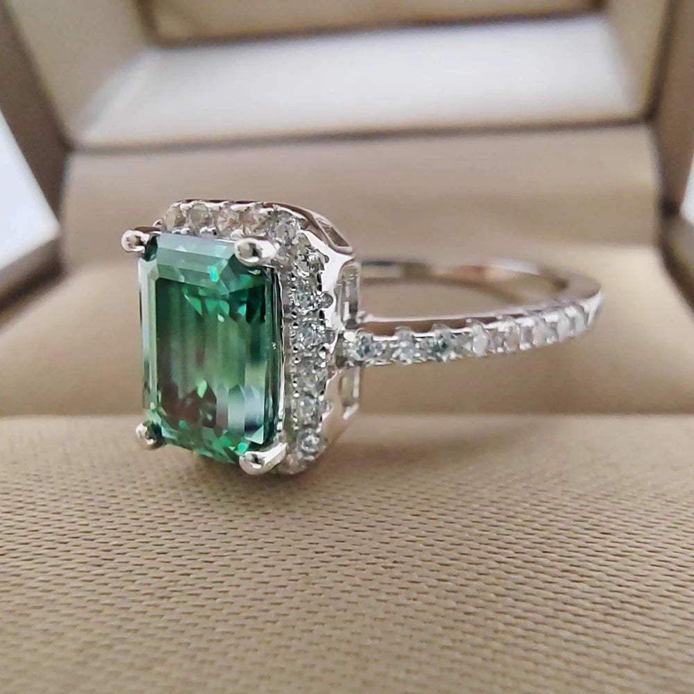 Green Rectangle Moissanite Ring 1 Carat 2CT 6x8MM with Certificate 100% - S925 Silver Girl Jewelry Anniversary Gift