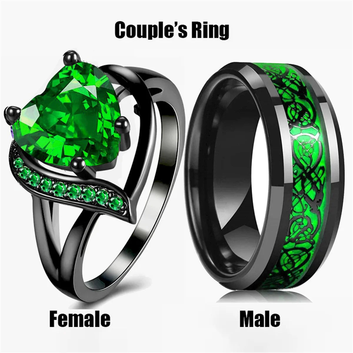 Couple Rings Romantic Women Heart Green Rhinestones Zircon Ring Men Stainless Steel Celtic Dragon Ring Wedding Jewelry
