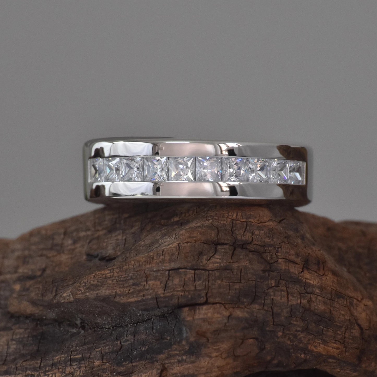 925 Sterling Silver Moissanite Mens Wedding Band Half Eternity Princess Cut Lab Created Diamond Ring Luxury Jewelry