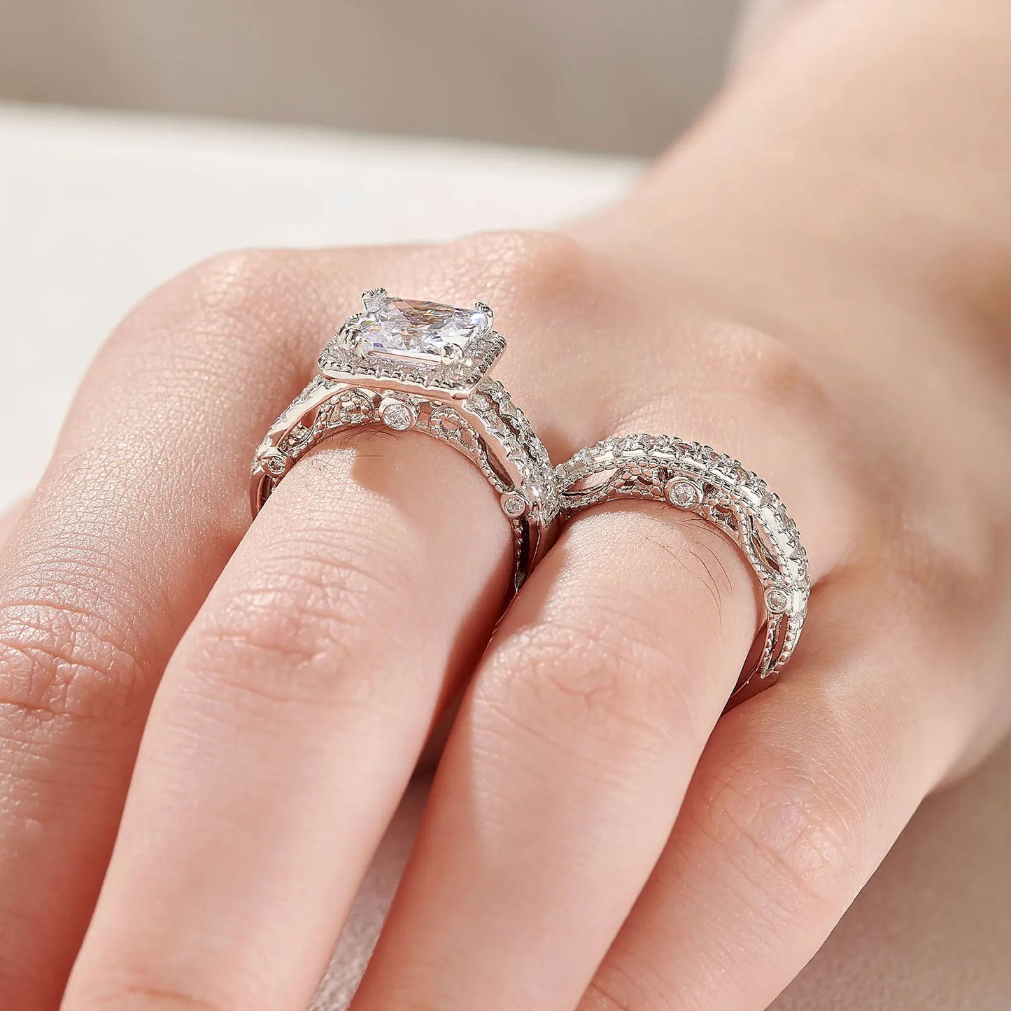 Vintage Wedding Rings for Women Solid 925 Sterling Silver 4Ct Princess Cut 5A Cubic Zircon 2Pcs Bridal Set Fine Jewelry