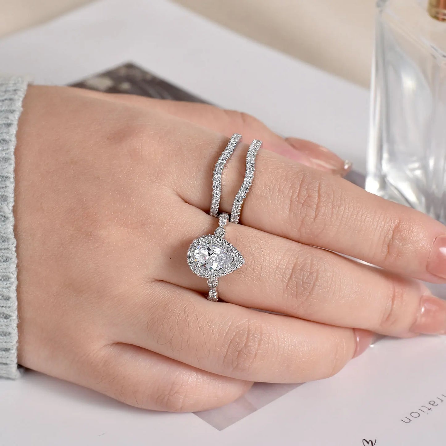 2 Pieces 925 Sterling Silver Engagement Ring Enhancer Wedding Band for Women Pear Cut AAAAA Zircon Jewelry Size 4-13