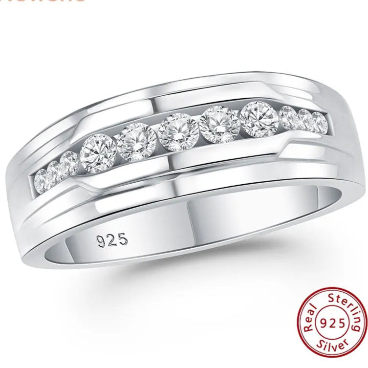 Newshe Full Moissanite Wedding Band for Men 925 Sterling Silver Engagement Rings Pave Round Eternity Promise Ring Size 7-13