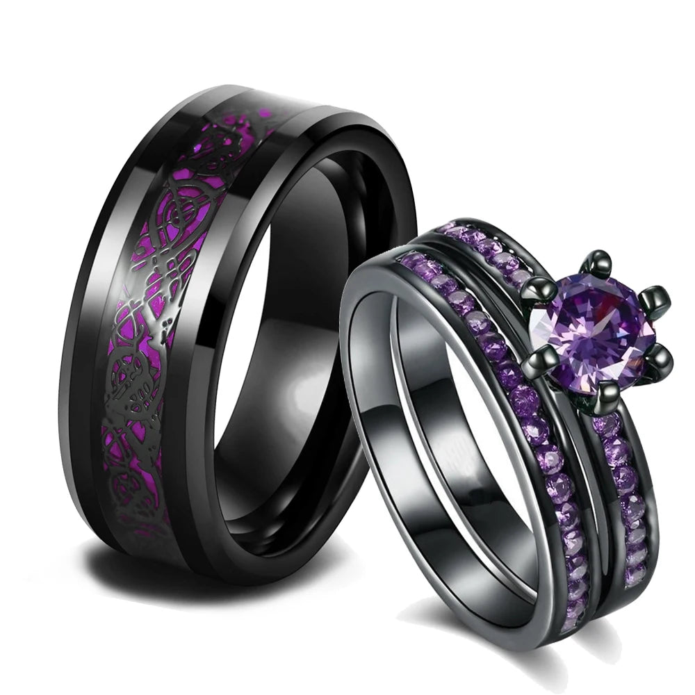 Charm Couple Rings Romantic Purple Rhinestones Women Rings Set Trendy Men Stainless Steel Celtic Dragon Ring Fashion Jewelry