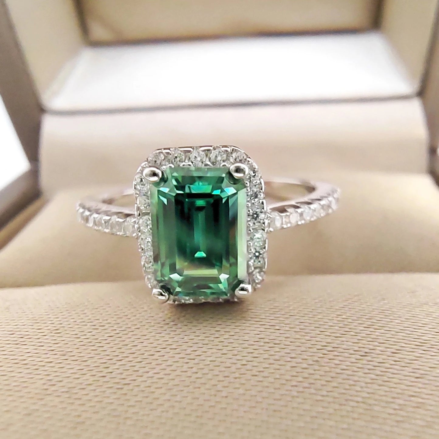 Green Rectangle Moissanite Ring 1 Carat 2CT 6x8MM with Certificate 100% - S925 Silver Girl Jewelry Anniversary Gift