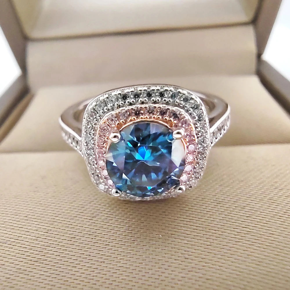 Around Diamond S925 Silver Jewelry Ring 1 Carat Moissanite Blue Pink Green Yellow Pass Diamond Test Wedding Party Gift