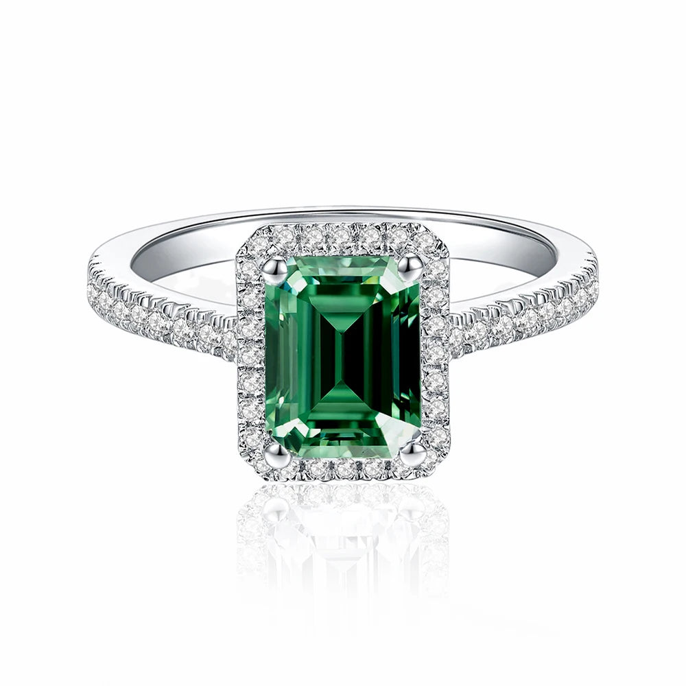Green Rectangle Moissanite Ring 1 Carat 2CT 6x8MM with Certificate 100% - S925 Silver Girl Jewelry Anniversary Gift
