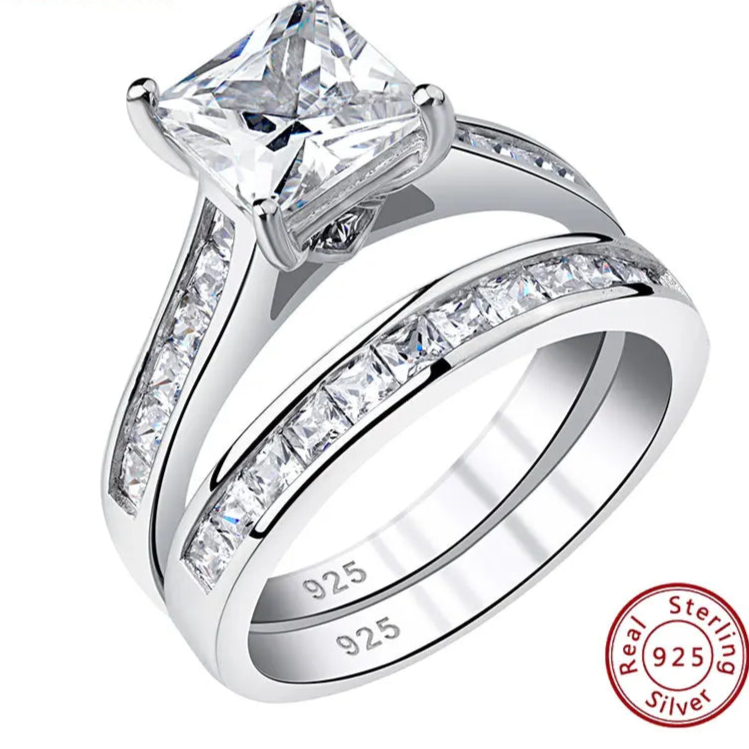 2 Pieces Classic Wedding Rings Set for Women 7*7mm Princess Cut AAAAA Zircon 925 Sterling Silver Engagement Ring Jewelry