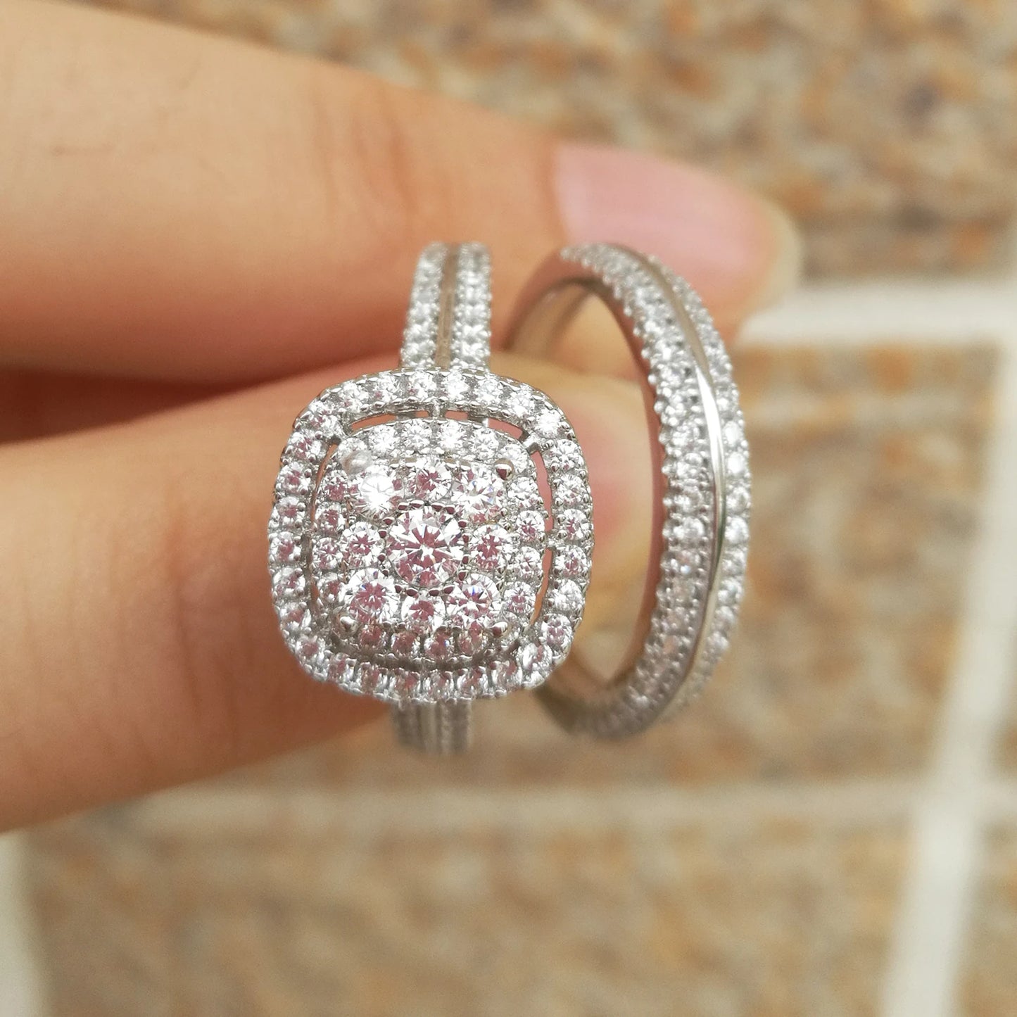 2Pcs Wedding Rings for Women Solid 925 Sterling Silver Engagement Ring Bridal Set 1.6Ct Halo Round Cut AAAAA Zircon