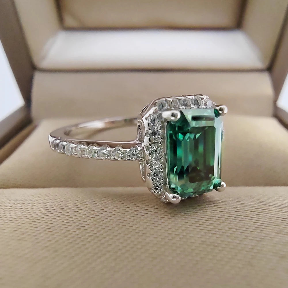 Green Rectangle Moissanite Ring 1 Carat 2CT 6x8MM with Certificate 100% - S925 Silver Girl Jewelry Anniversary Gift