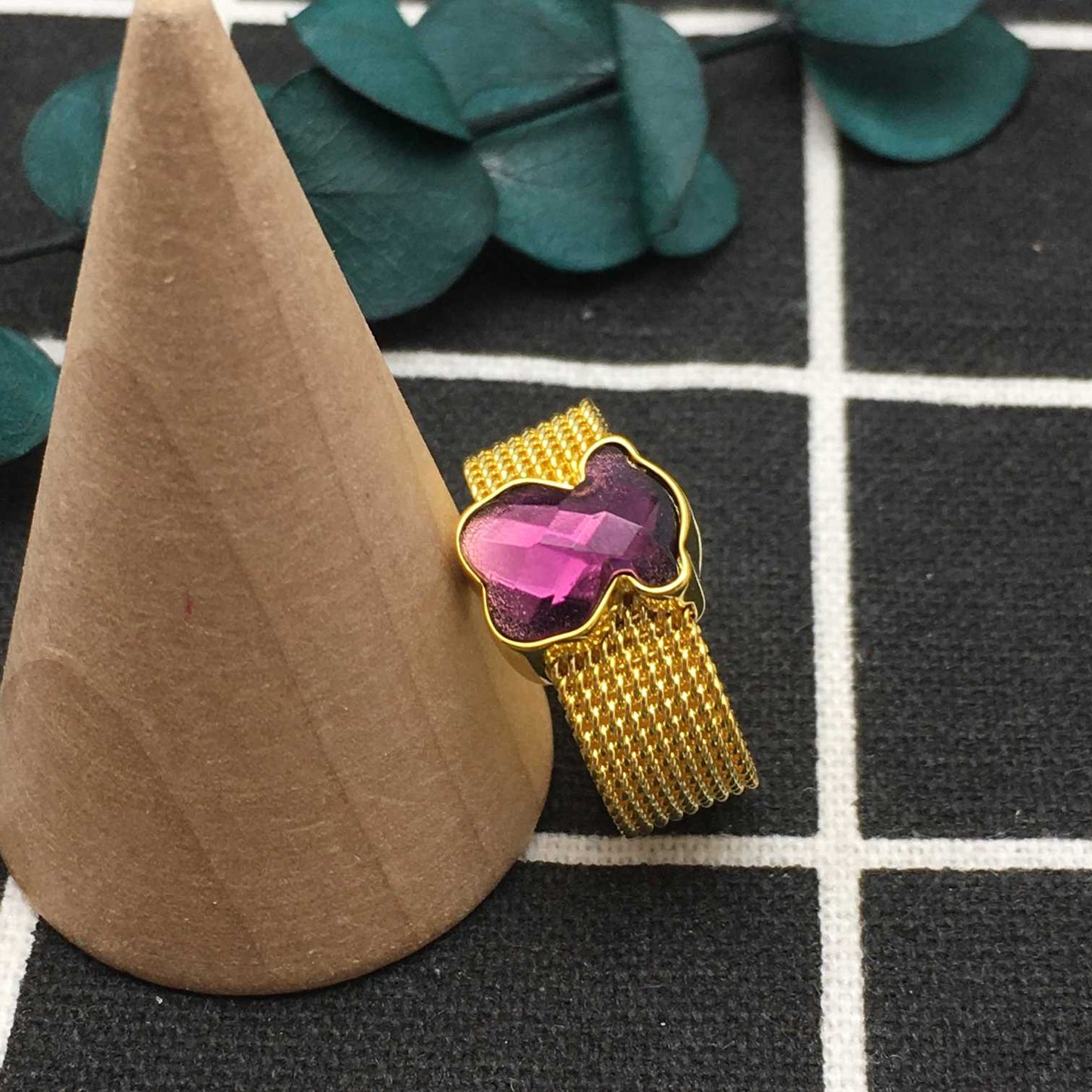 PURPLE IP Steel Mesh Color Ring with Howlite Bear motif