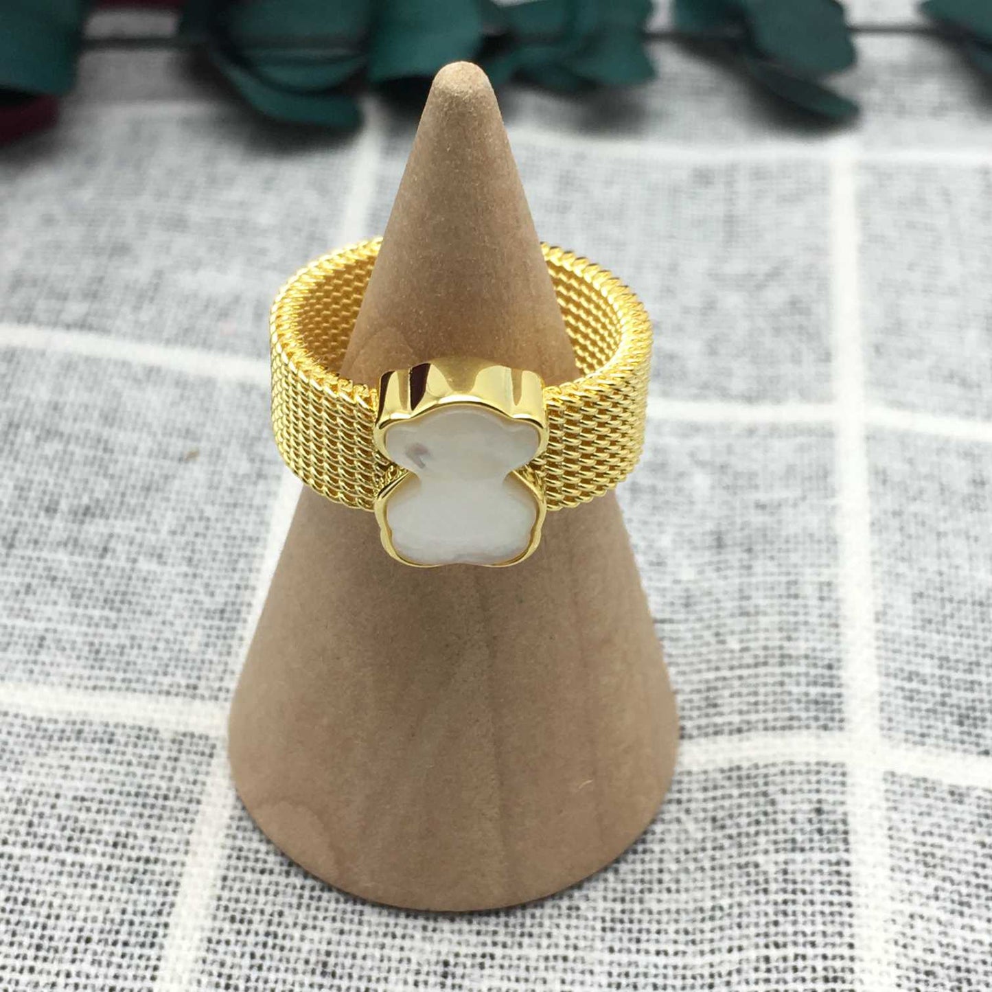 IP Steel Mesh Color Ring with Howlite Bear motif