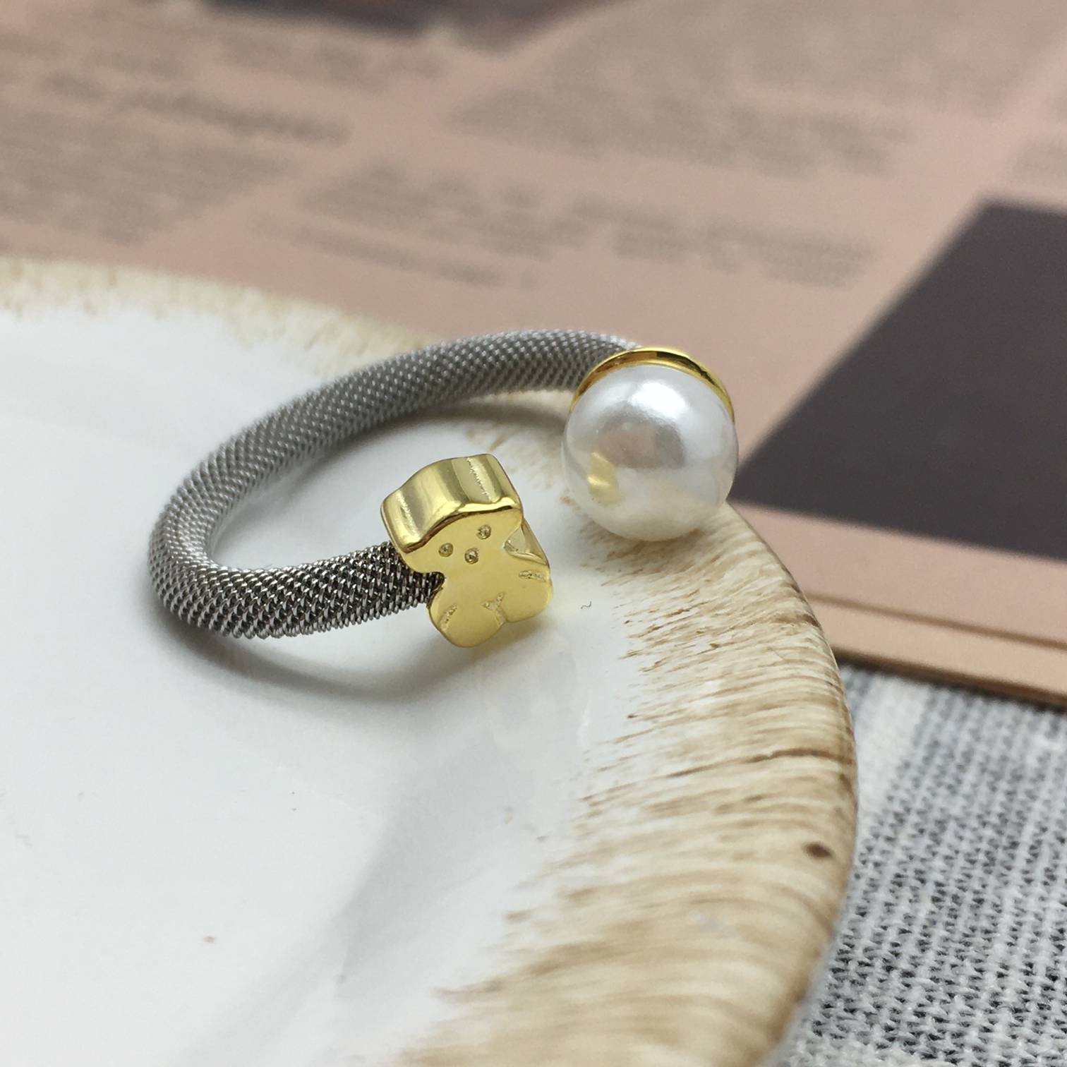 Steel and Gold Icon Mesh Ring with Pearl Bear motif