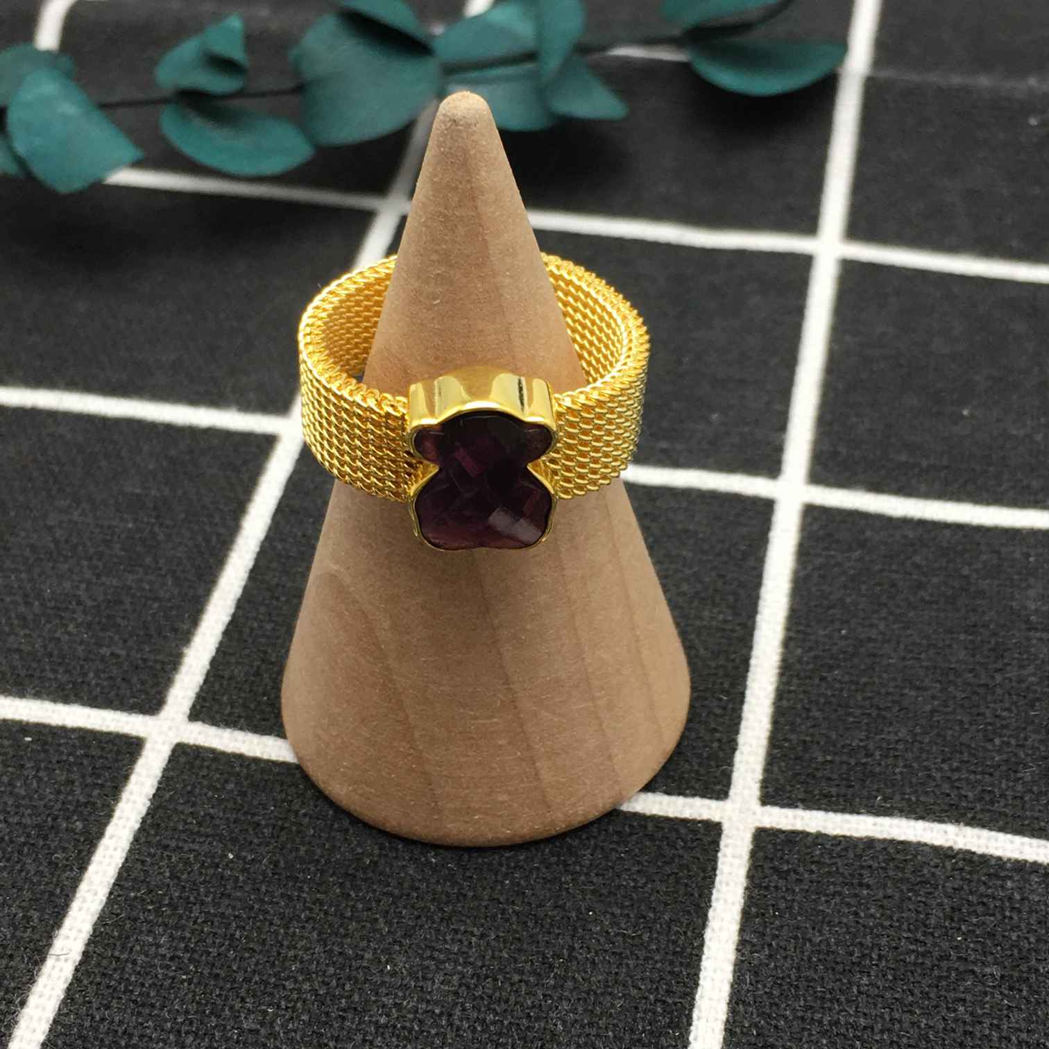 PURPLE IP Steel Mesh Color Ring with Howlite Bear motif