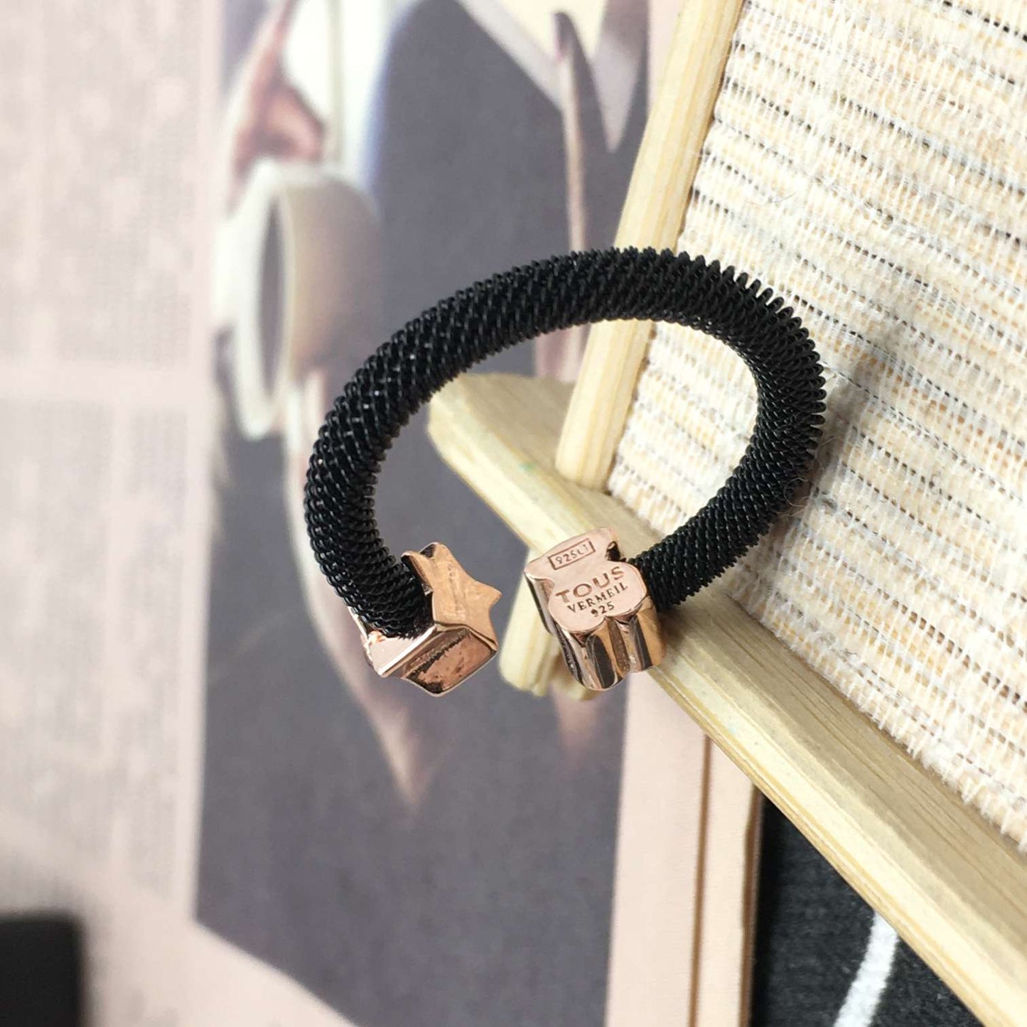 Steel TOUS Icon Mesh Ring with Pearl Bear motif and star motif with blue