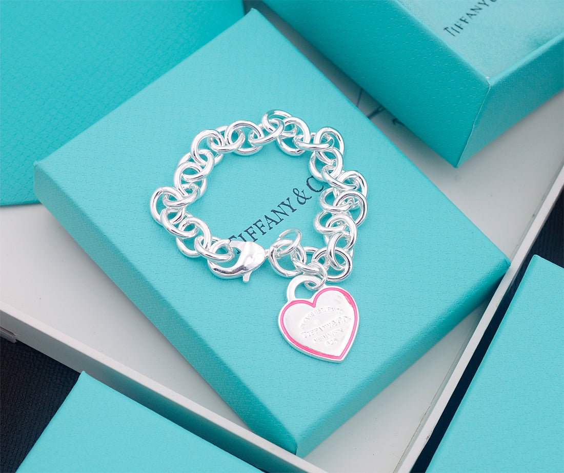 Return to Tiffany Heart Tag Charm Bracelet in Sterling Silver pink frame