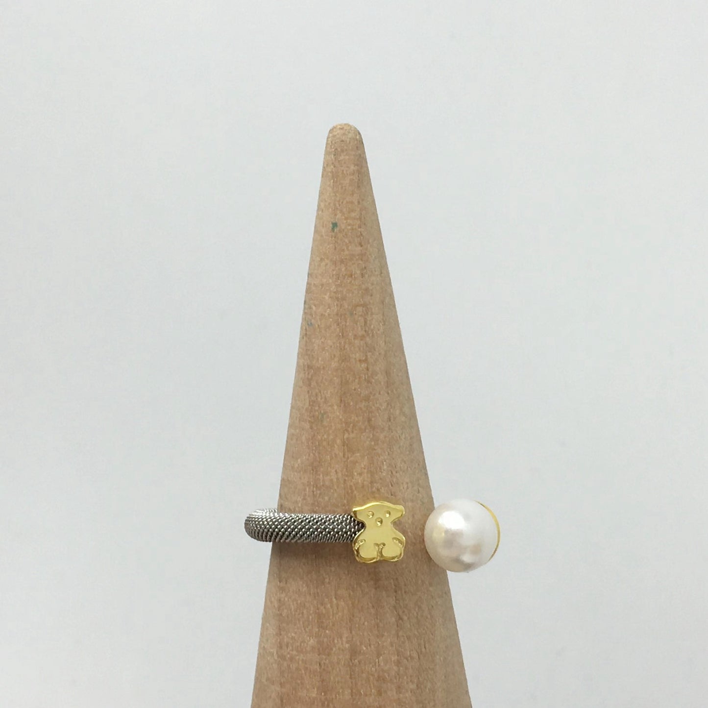 Steel and Gold Icon Mesh Ring with Pearl Bear motif