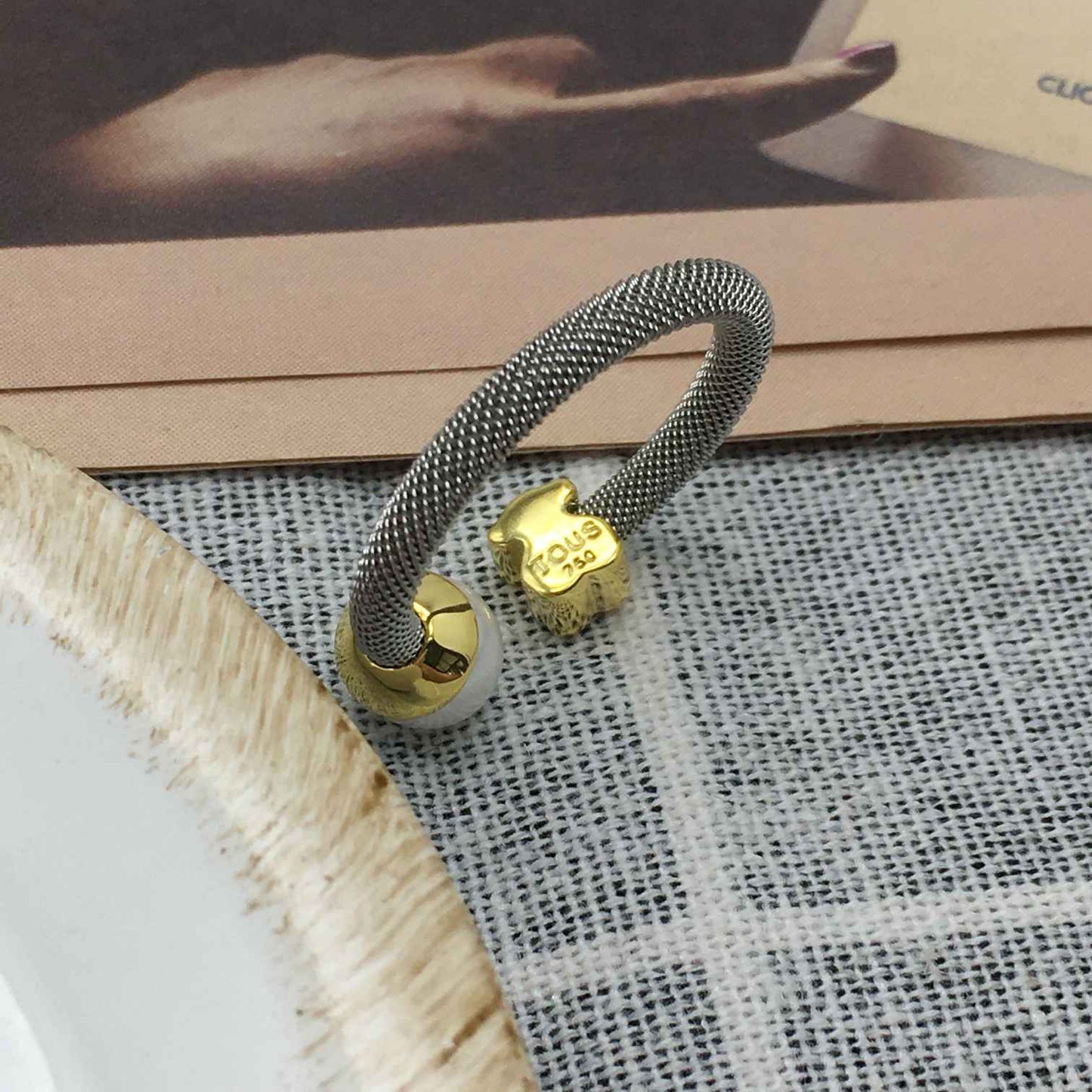Steel and Gold Icon Mesh Ring with Pearl Bear motif