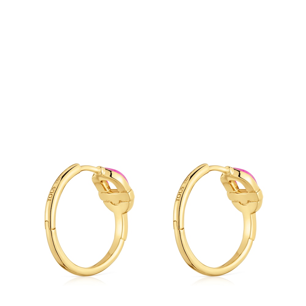 Short Hoop earrings with 18kt gold plating over silver and fuchsia-colored motif