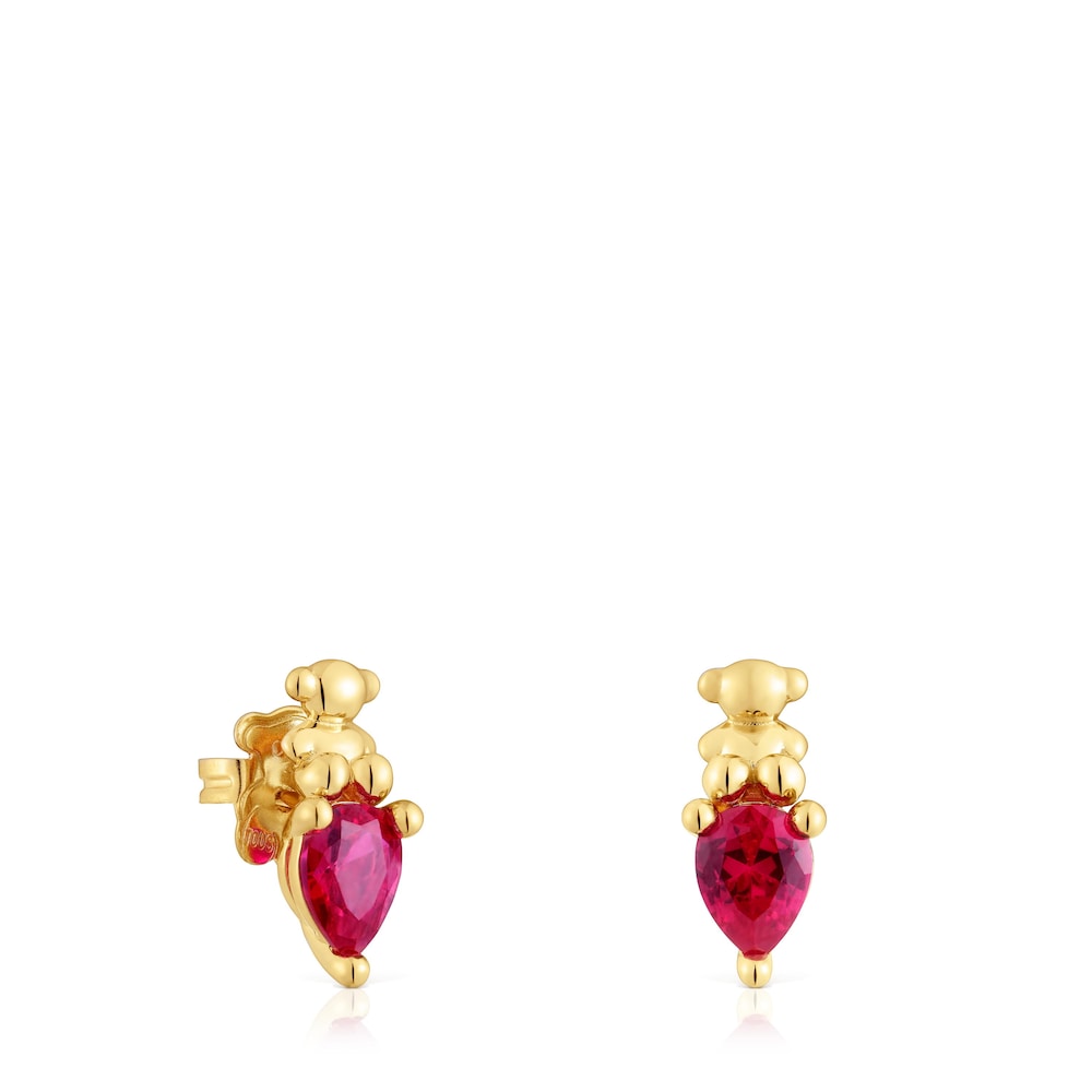 18 kt gold plating over silver bear motif Earrings with lab-grown ruby Bold Bear LGG |