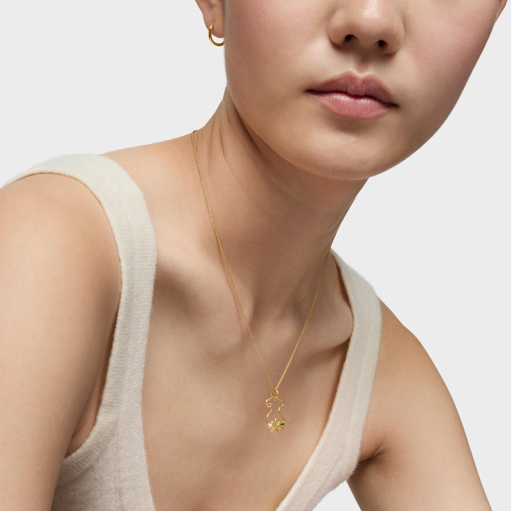 Gold Tsuri Bear pendant with gemstones and a cultured pearl |
