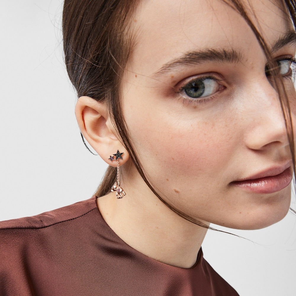 Short-long Rose Silver Vermeil Teddy Bear Stars Earrings with Spinel and Ruby |