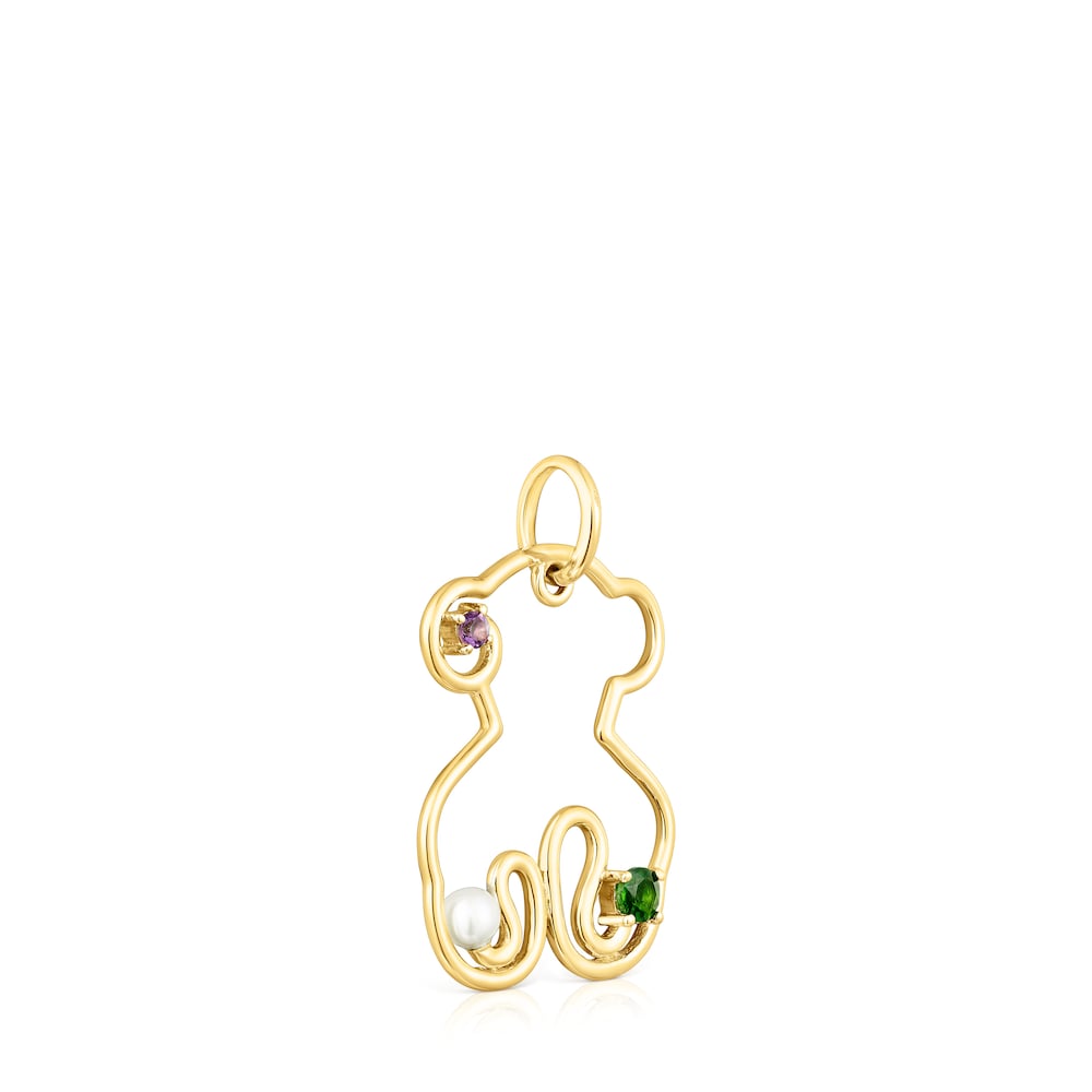 Gold Tsuri Bear pendant with gemstones and a cultured pearl |