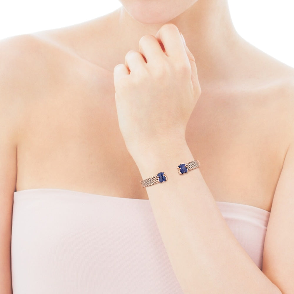 Rose IP Steel Mesh Color Bracelet with Lapis Lazuli
