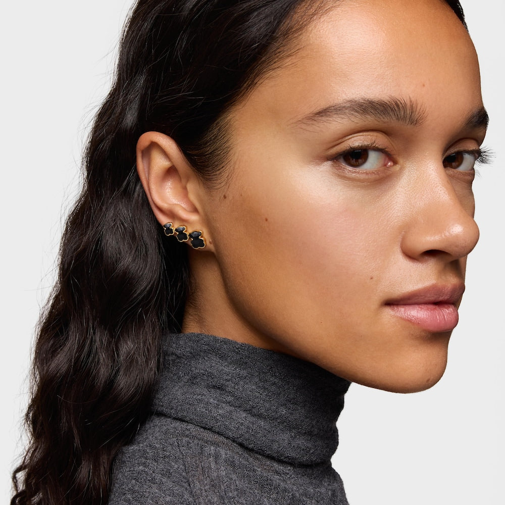 18kt gold plating over silver Climber earrings with onyx bear motifs Icon Color