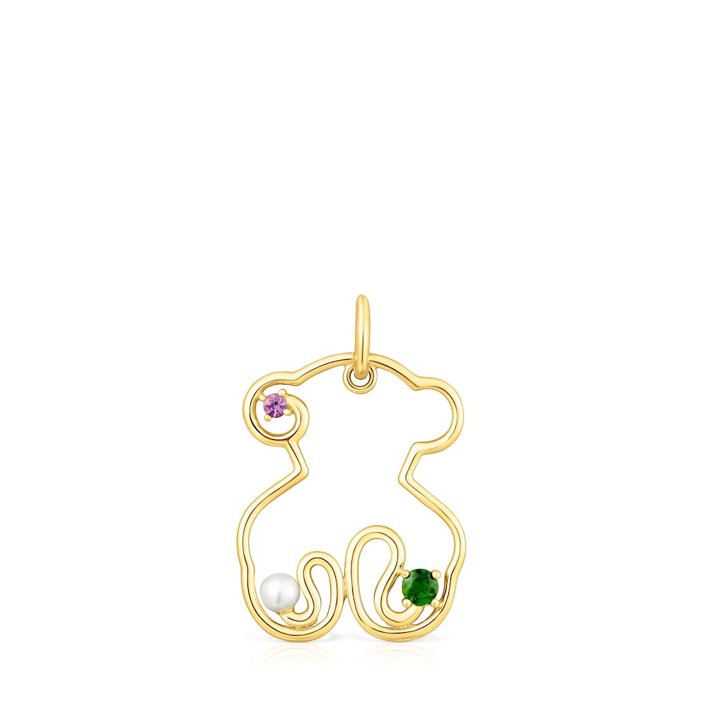 Gold Tsuri Bear pendant with gemstones and a cultured pearl |
