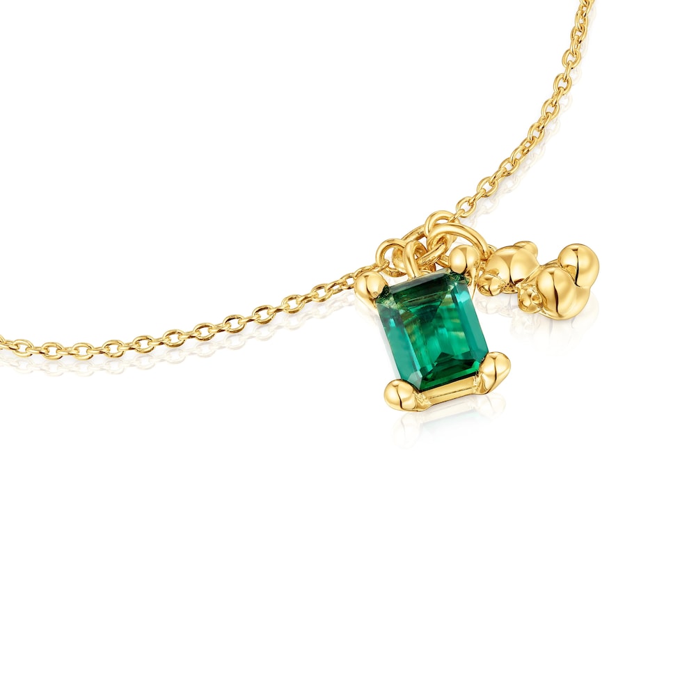 18kt gold plating over silver bear motif chain Bracelet with lab-grown emerald Bold Bear LGG |