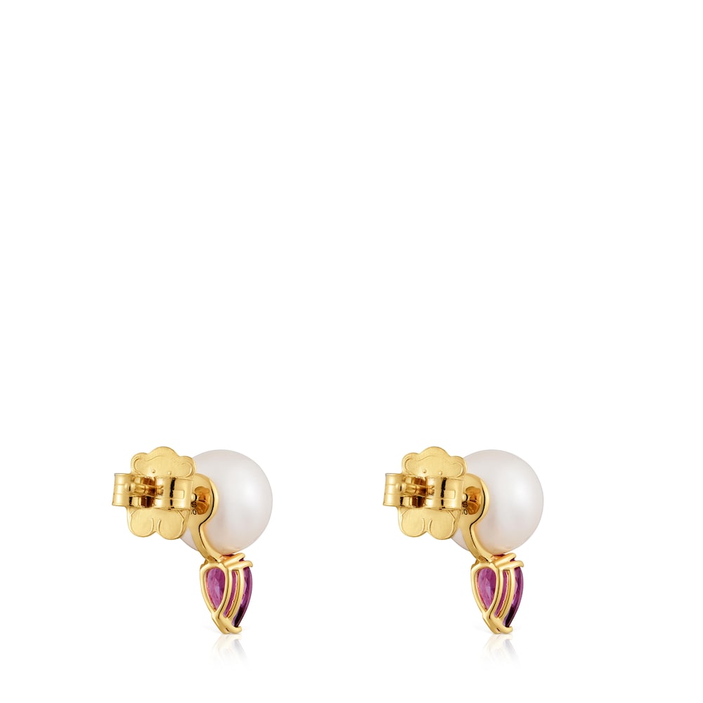 Gold Earrings with rhodolites and cultured pearl Ivette |