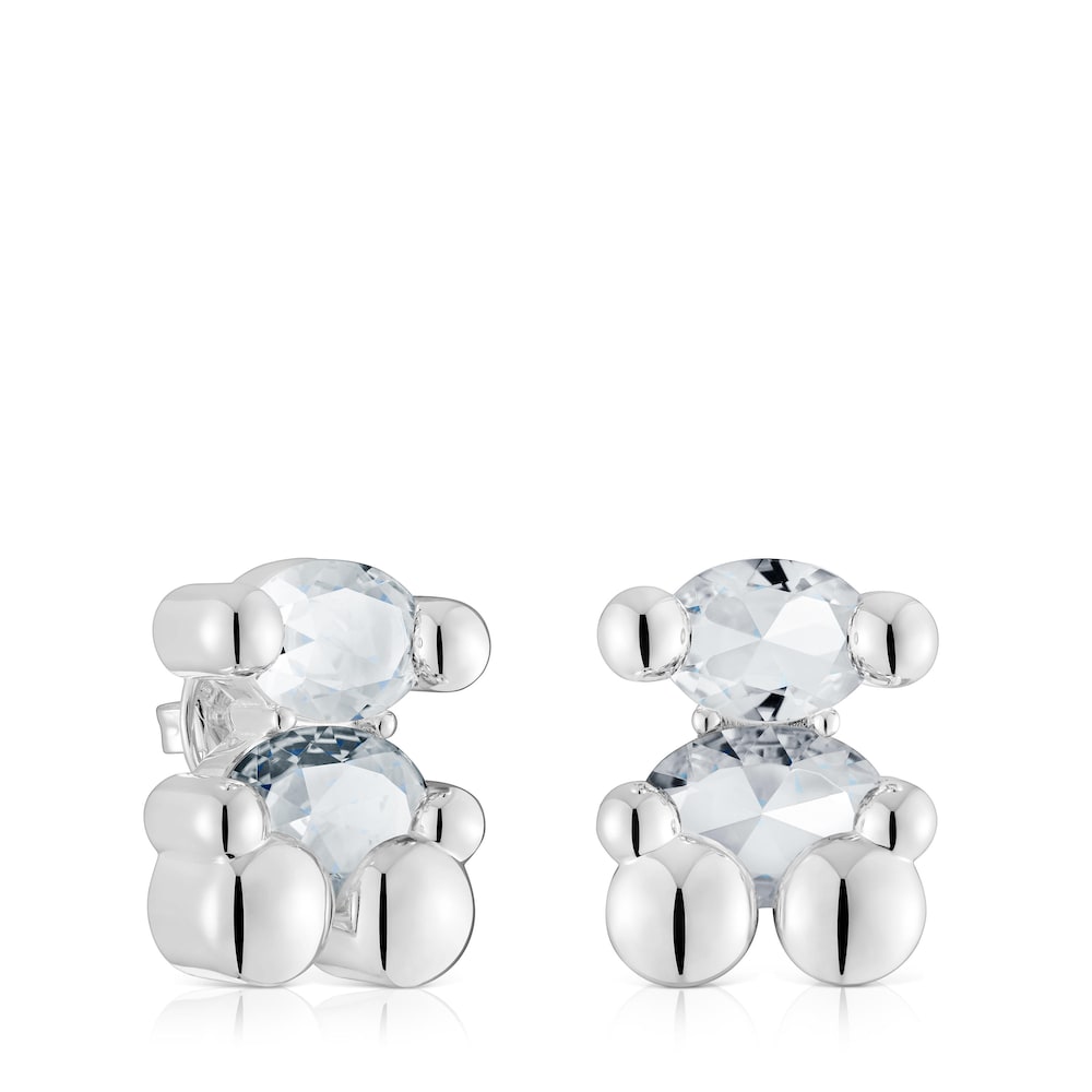 23 mm silver and rock crystal quartz bear motif Earrings Color Bear |