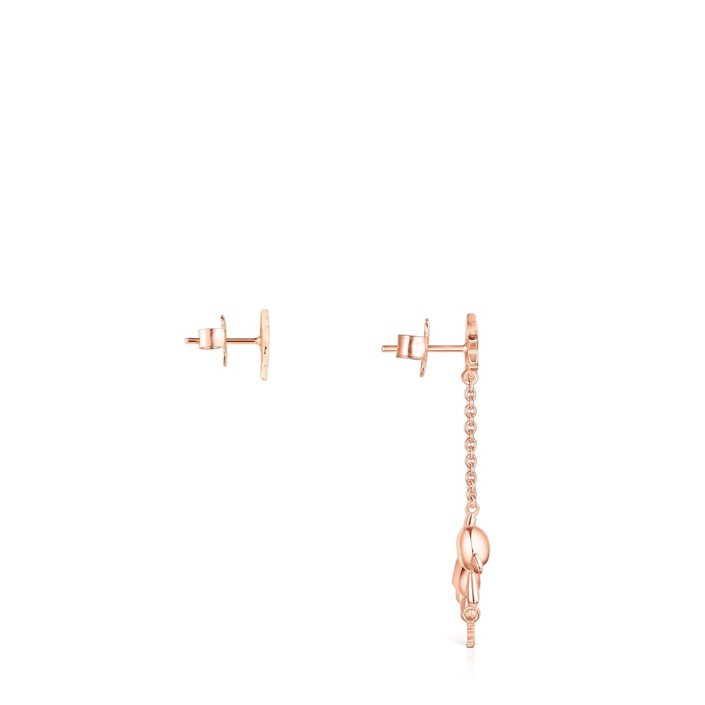 Short-long Rose Silver Vermeil Teddy Bear Stars Earrings with Spinel and Ruby |