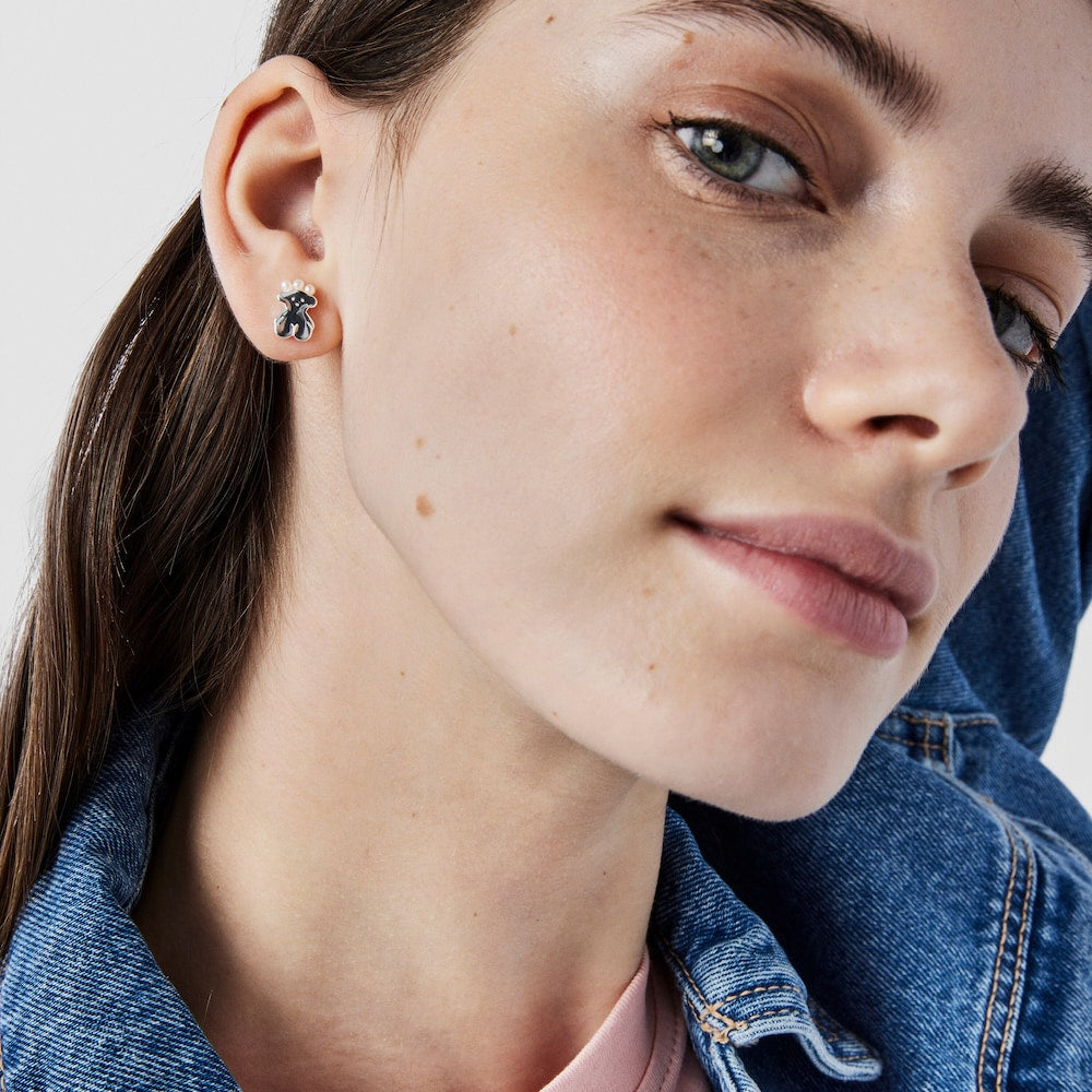 Silver Real Sisy bear Earrings with Pearls |