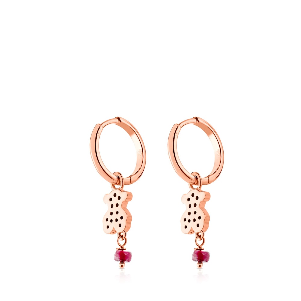 Rose Vermeil Silver Motif Earrings with Spinel and Ruby and Bear motif |