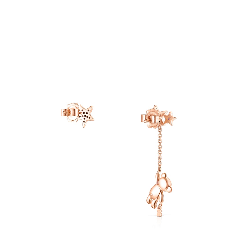 Short-long Rose Silver Vermeil Teddy Bear Stars Earrings with Spinel and Ruby |