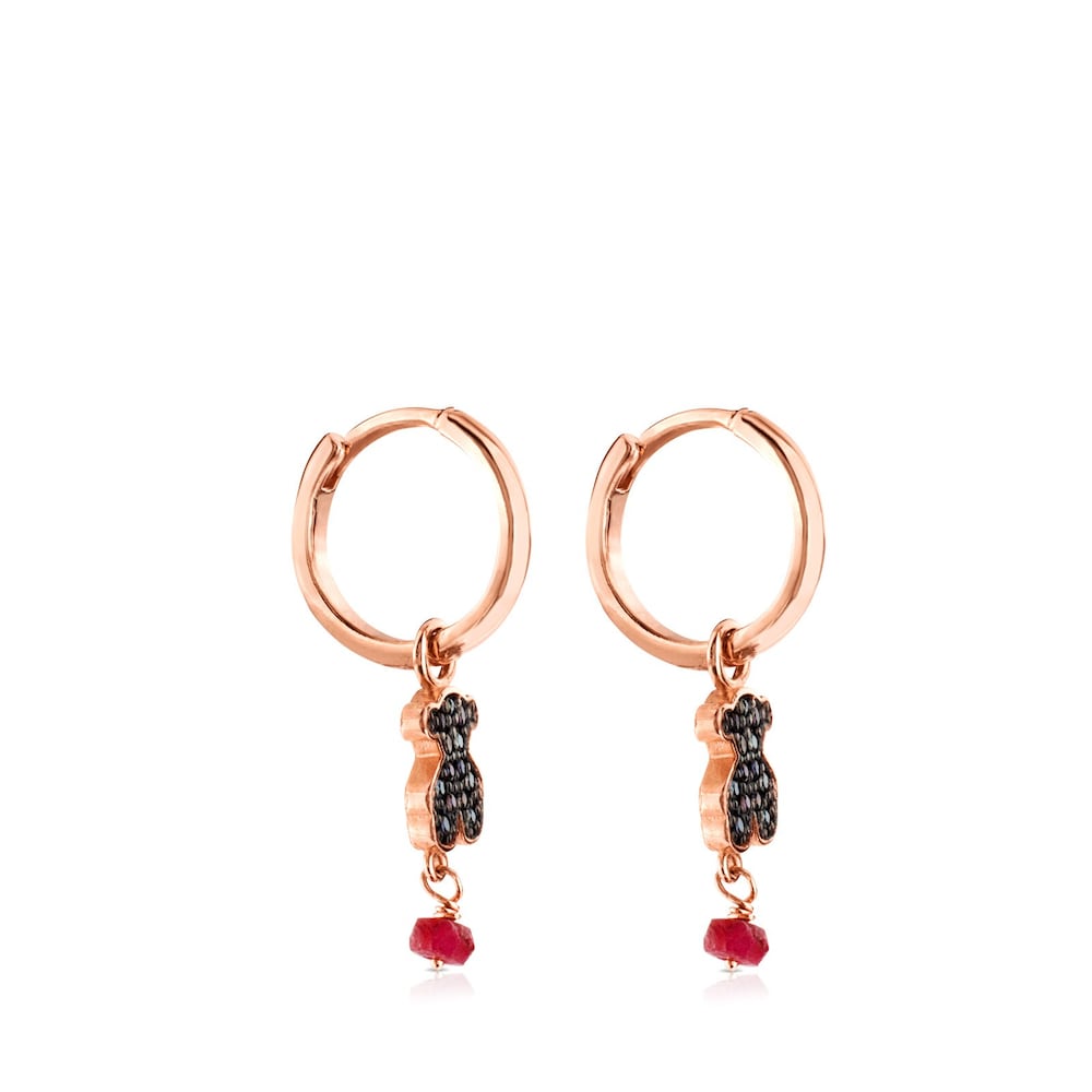 Rose Vermeil Silver Motif Earrings with Spinel and Ruby and Bear motif |