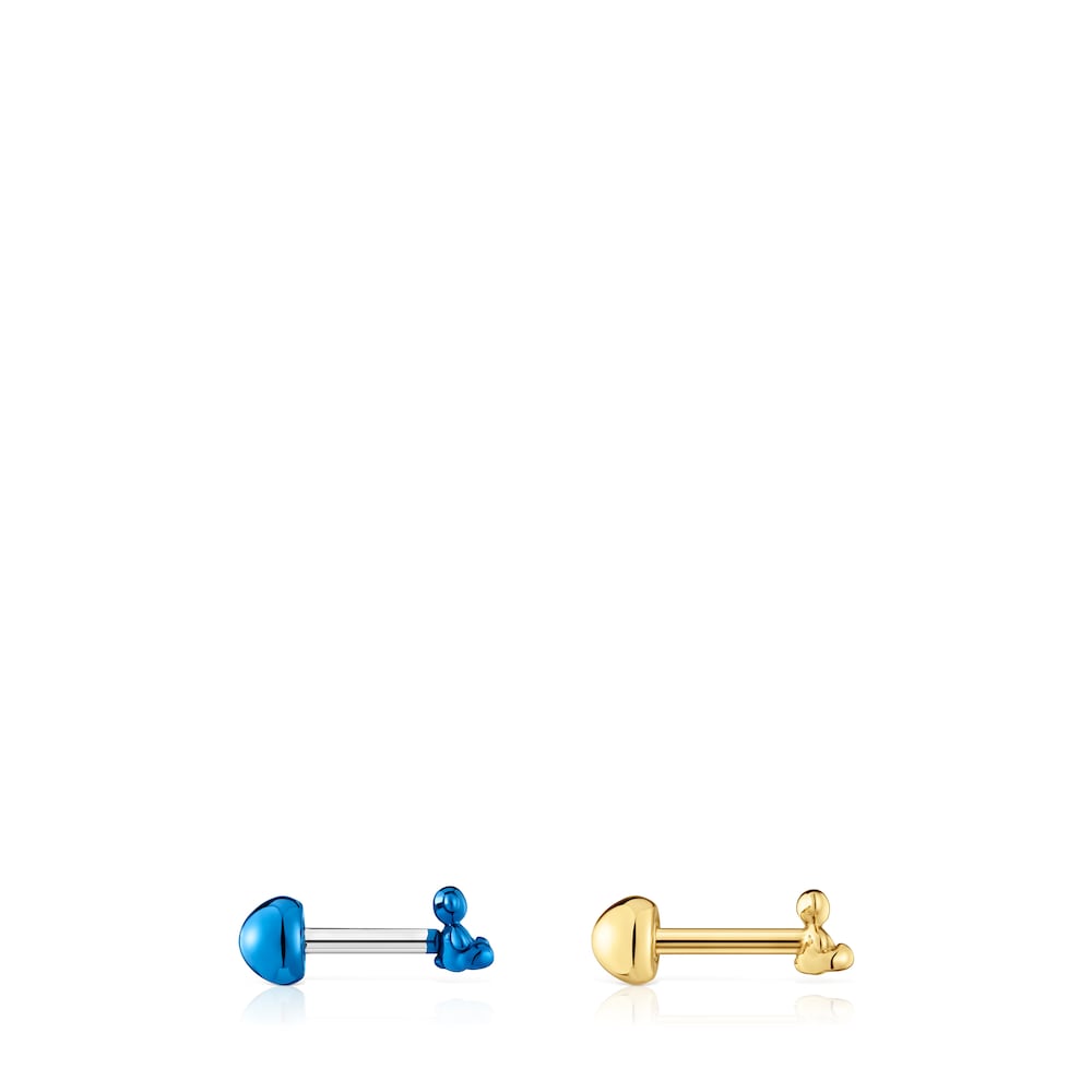 Pack of Bold Bear Ear piercings in gold-colored and blue IP steel |