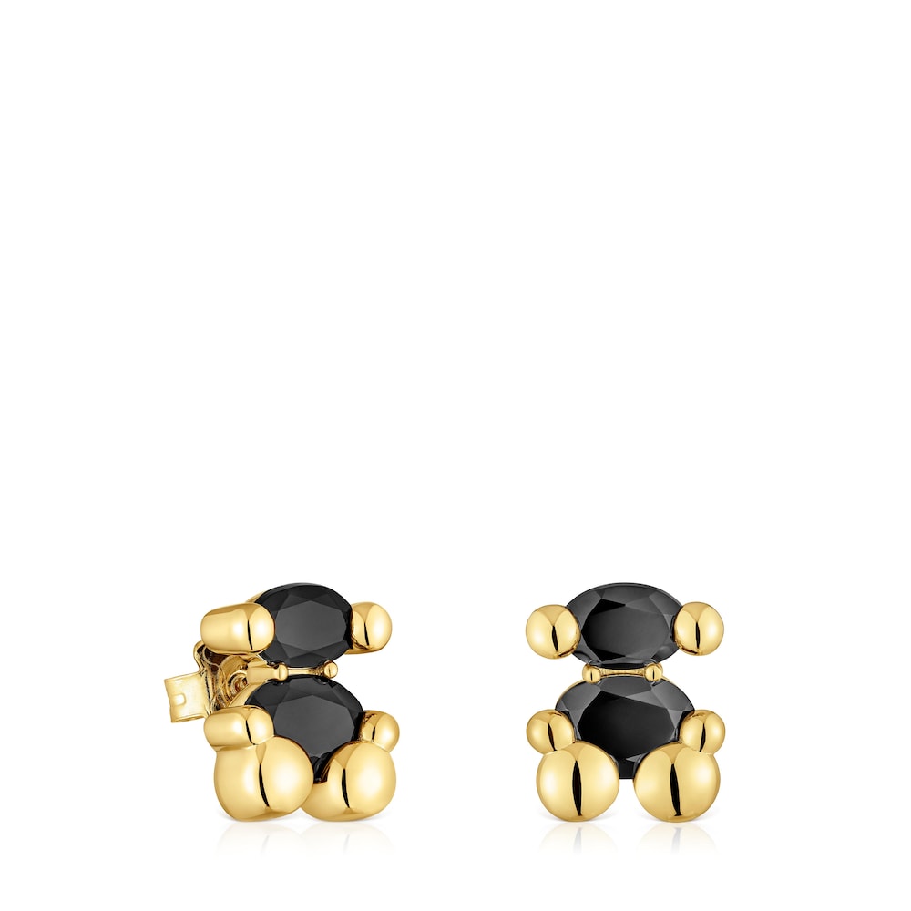 14 mm 18kt gold plating over silver with onyx bear motif Earrings Color Bear |