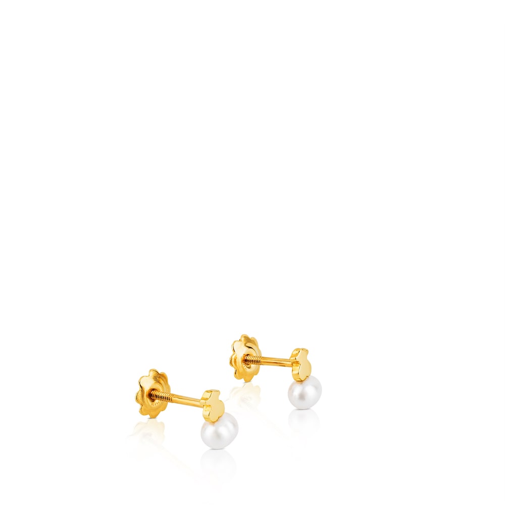 Gold Puppies Earrings with bear motif with a cultured pearl |