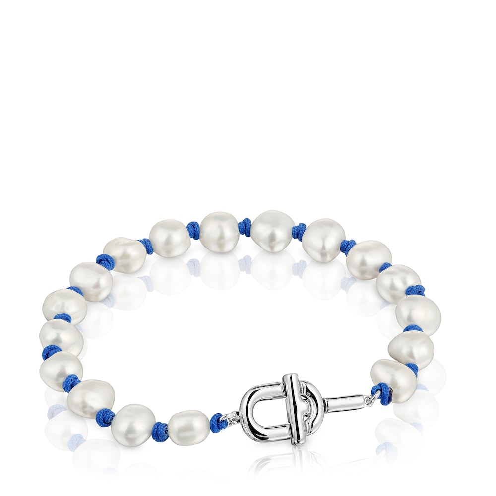 Blue nylon and silver Bracelet with cultured pearls MANIFESTO