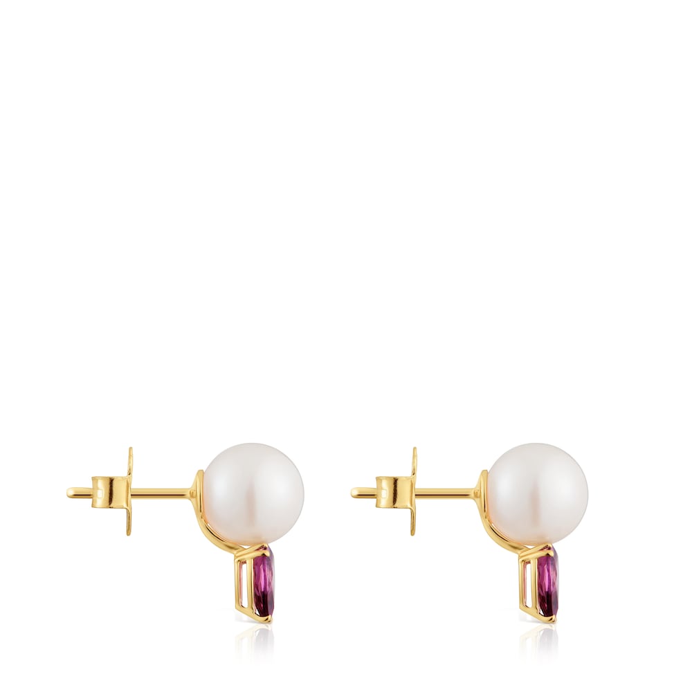 Gold Earrings with rhodolites and cultured pearl Ivette |