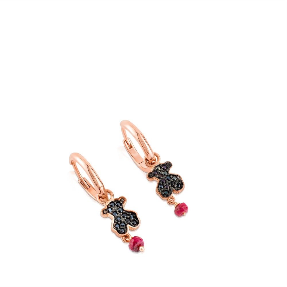 Rose Vermeil Silver Motif Earrings with Spinel and Ruby and Bear motif |