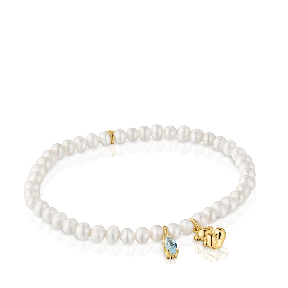 Elastic Bracelet with gold plating over silver, cultured pearl and topaz Bold Bear