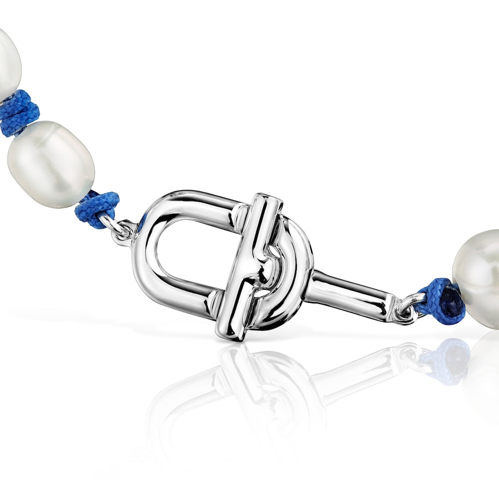 Blue nylon and silver Bracelet with cultured pearls MANIFESTO